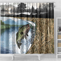 Personalized Largemouth Bass Fishing Shower Curtain with Camo Reeds - Outdoor Angler Design - Wonder Print Shop