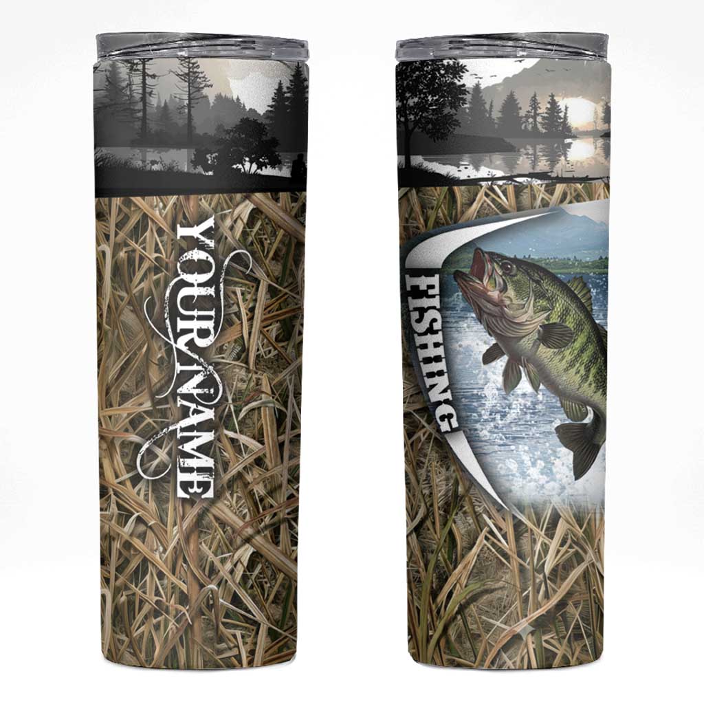 Personalized Largemouth Bass Fishing Skinny Tumbler with Camo Reeds - Outdoor Angler Design - Wonder Print Shop