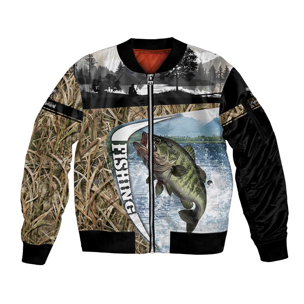 Personalized Largemouth Bass Fishing Sleeve Zip Bomber Jacket with Camo Reeds - Outdoor Angler Design - Wonder Print Shop