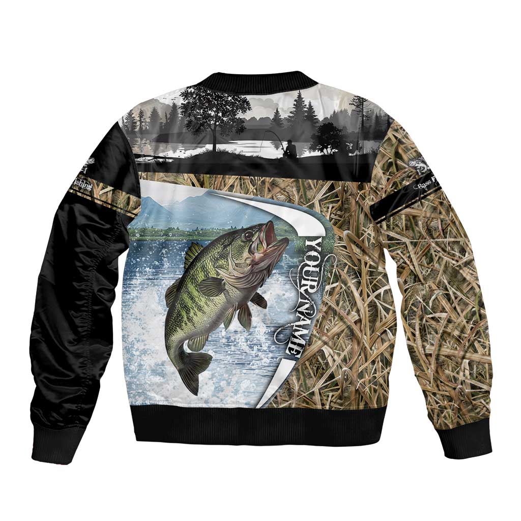 Personalized Largemouth Bass Fishing Sleeve Zip Bomber Jacket with Camo Reeds - Outdoor Angler Design - Wonder Print Shop