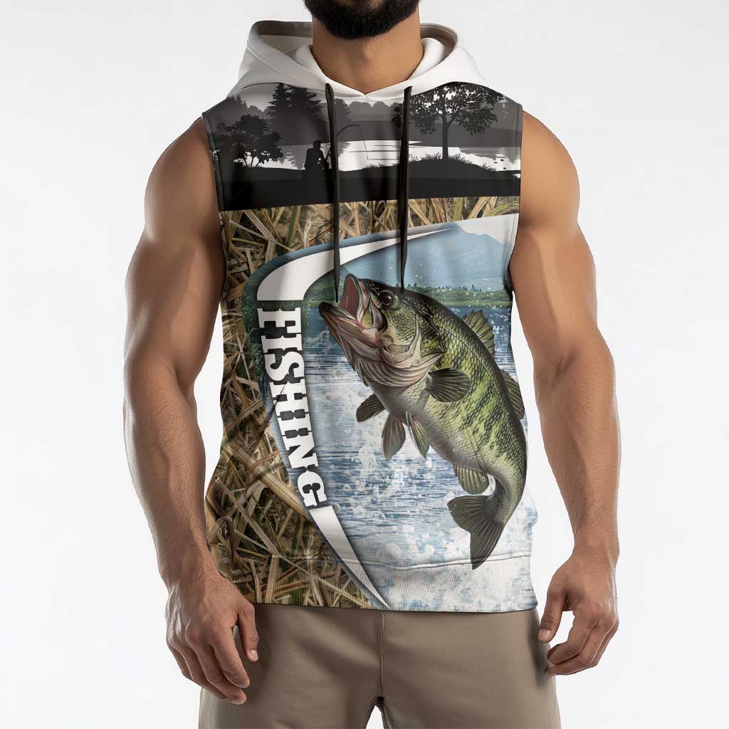Personalized Largemouth Bass Fishing Sleeveless Hoodie with Camo Reeds - Outdoor Angler Design - Wonder Print Shop