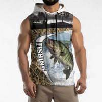 Personalized Largemouth Bass Fishing Sleeveless Hoodie with Camo Reeds - Outdoor Angler Design - Wonder Print Shop
