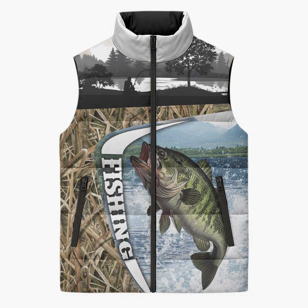 Personalized Largemouth Bass Fishing Sleeveless Puffer Jacket with Camo Reeds - Outdoor Angler Design - Wonder Print Shop