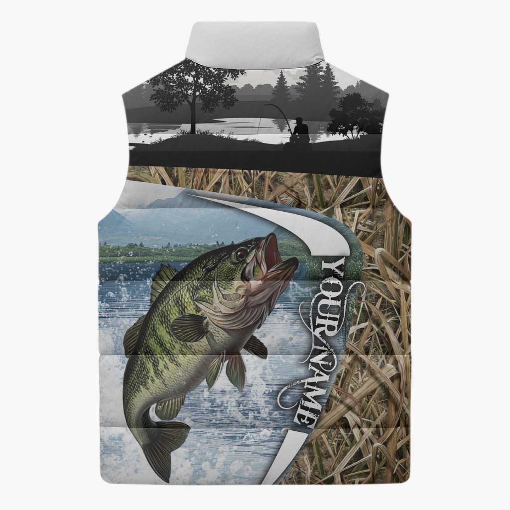 Personalized Largemouth Bass Fishing Sleeveless Puffer Jacket with Camo Reeds - Outdoor Angler Design - Wonder Print Shop