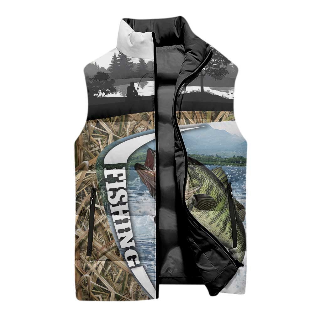 Personalized Largemouth Bass Fishing Sleeveless Puffer Jacket with Camo Reeds - Outdoor Angler Design - Wonder Print Shop