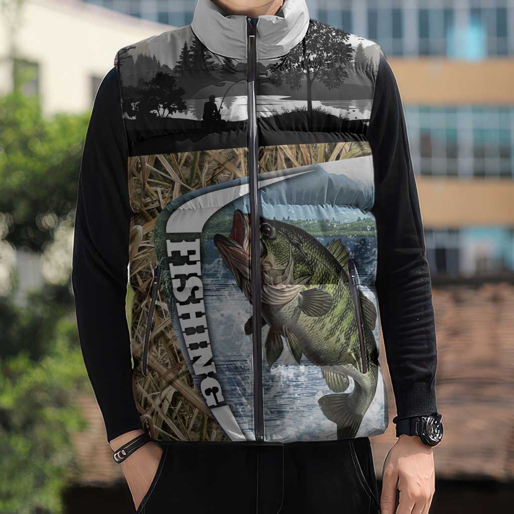 Personalized Largemouth Bass Fishing Sleeveless Puffer Jacket with Camo Reeds - Outdoor Angler Design - Wonder Print Shop
