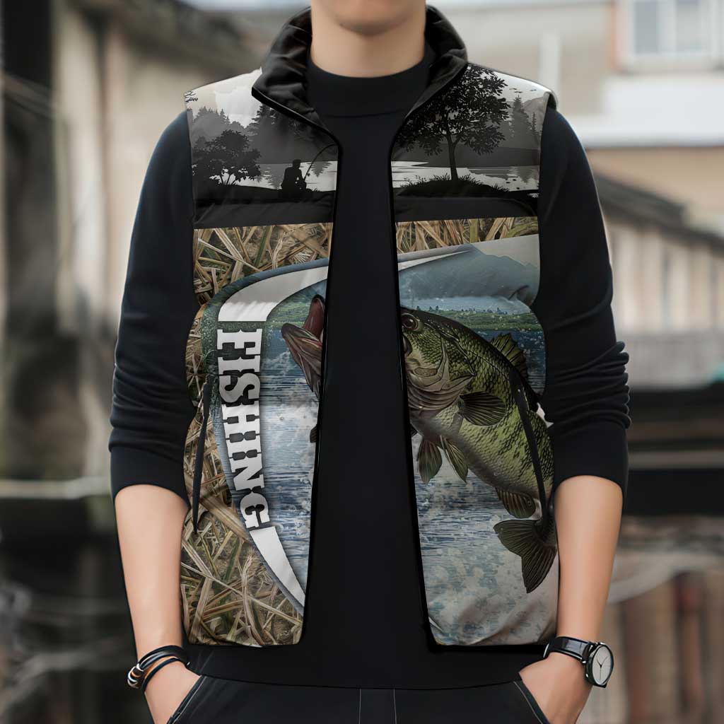 Personalized Largemouth Bass Fishing Sleeveless Puffer Jacket with Camo Reeds - Outdoor Angler Design - Wonder Print Shop