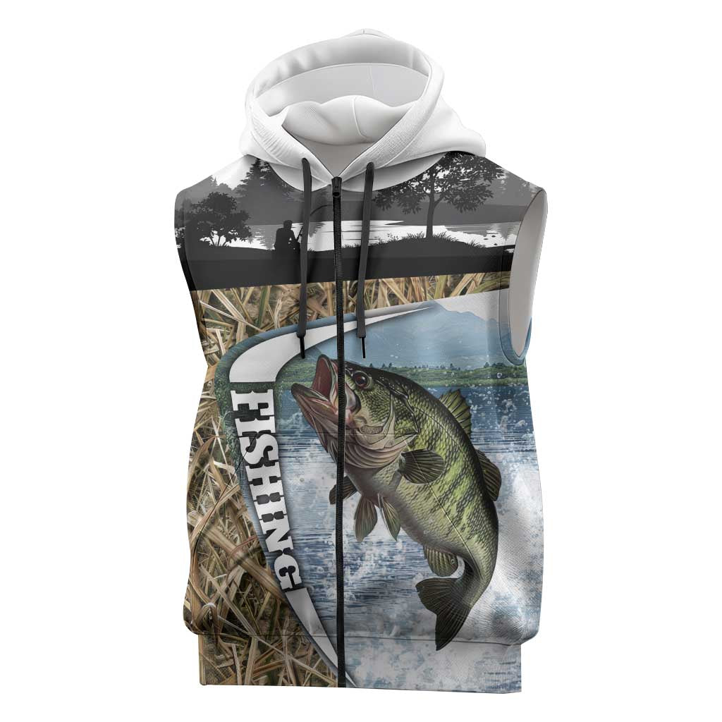 Personalized Largemouth Bass Fishing Sleeveless Zip Hoodie with Camo Reeds - Outdoor Angler Design - Wonder Print Shop