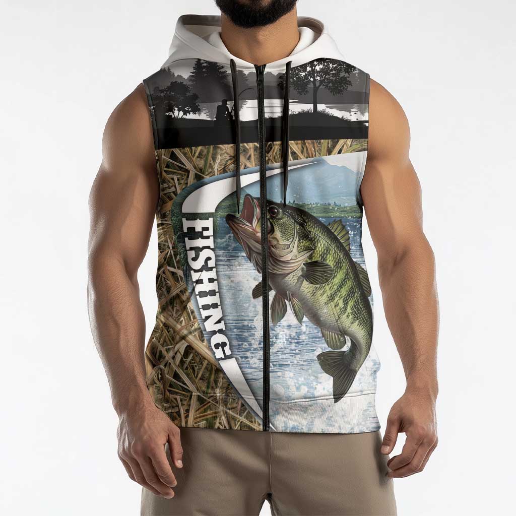 Personalized Largemouth Bass Fishing Sleeveless Zip Hoodie with Camo Reeds - Outdoor Angler Design - Wonder Print Shop