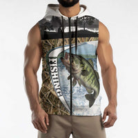 Personalized Largemouth Bass Fishing Sleeveless Zip Hoodie with Camo Reeds - Outdoor Angler Design - Wonder Print Shop