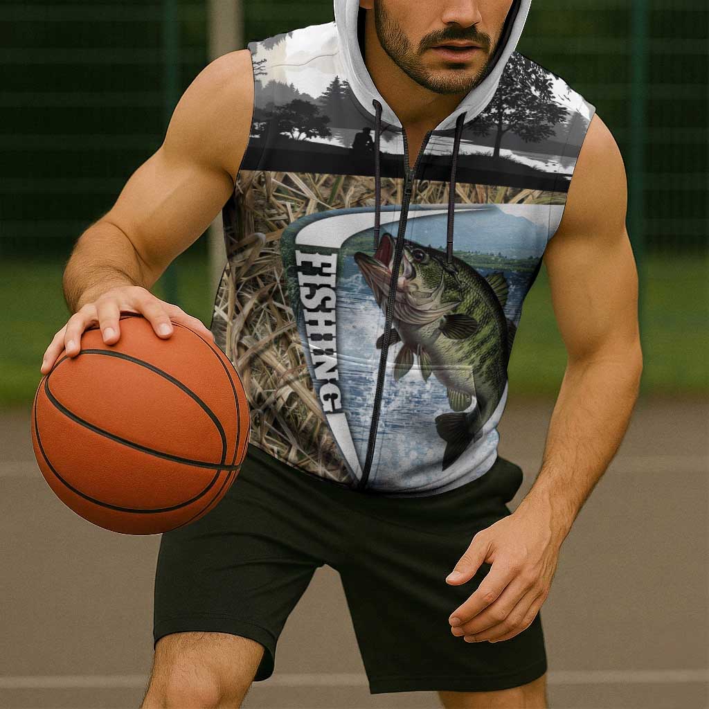 Personalized Largemouth Bass Fishing Sleeveless Zip Hoodie with Camo Reeds - Outdoor Angler Design - Wonder Print Shop