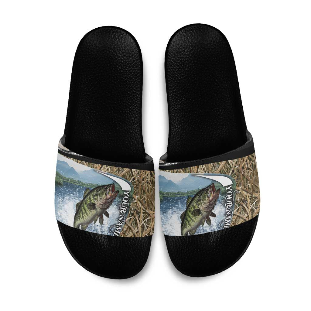 Personalized Largemouth Bass Fishing Slide Sandals with Camo Reeds - Outdoor Angler Design - Wonder Print Shop