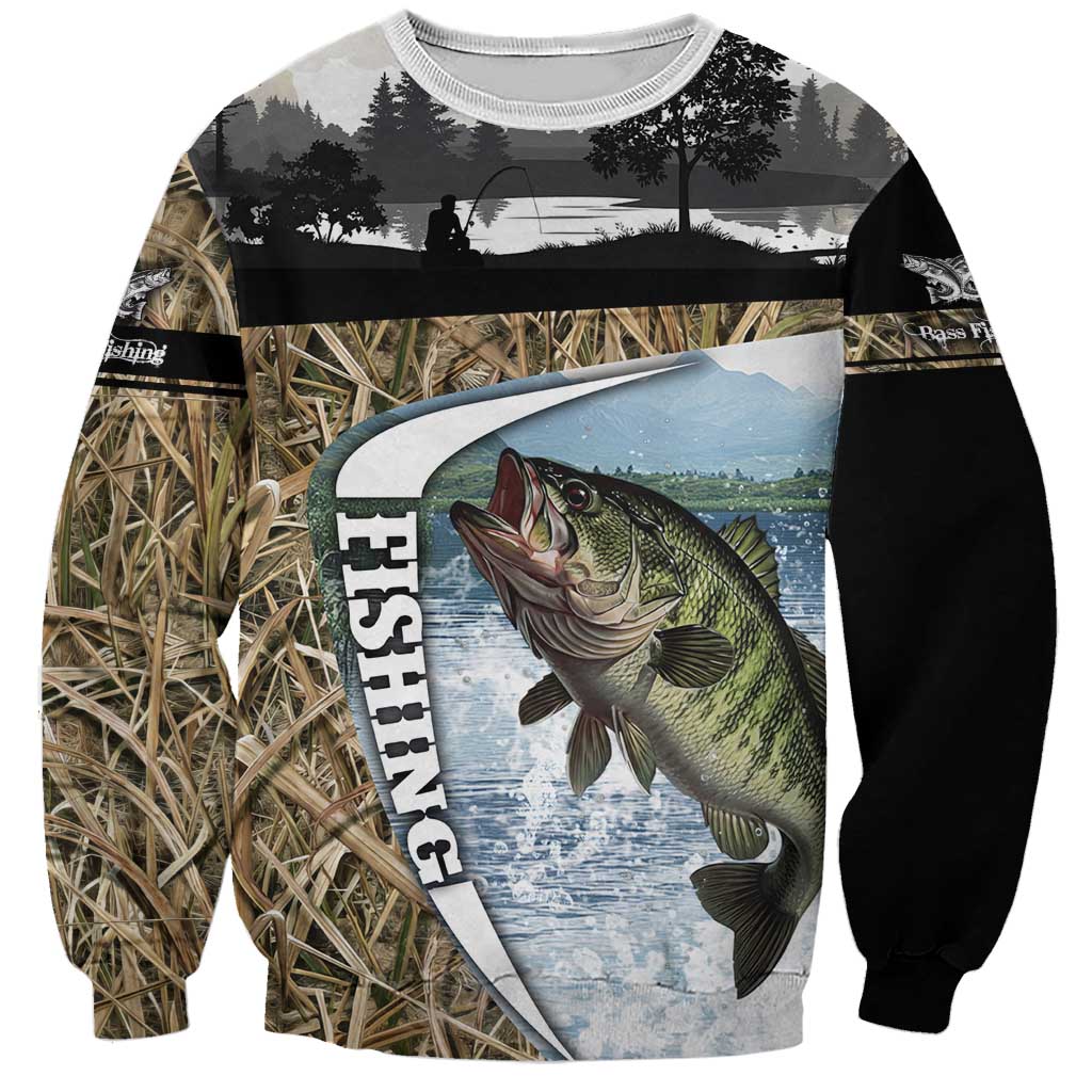 Personalized Largemouth Bass Fishing Sweatshirt with Camo Reeds - Outdoor Angler Design - Wonder Print Shop