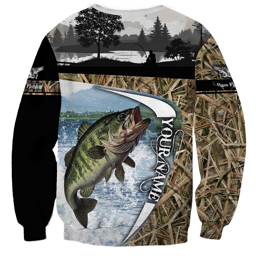 Personalized Largemouth Bass Fishing Sweatshirt with Camo Reeds - Outdoor Angler Design - Wonder Print Shop
