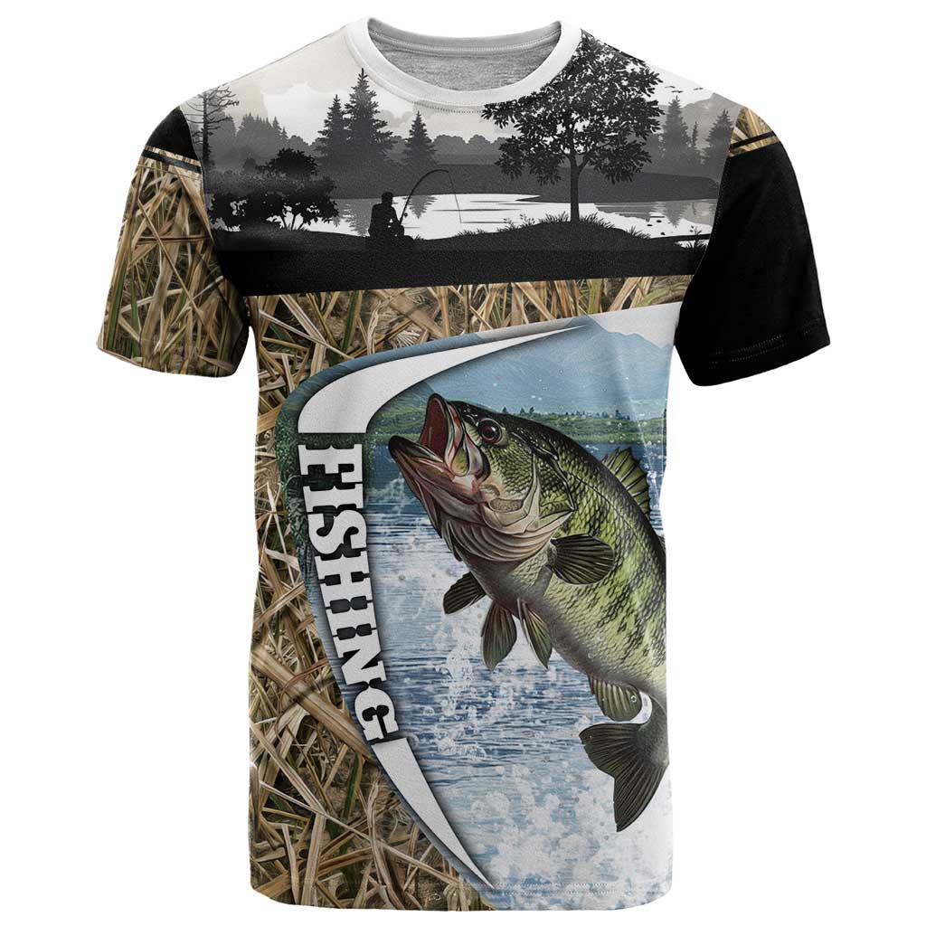Personalized Largemouth Bass Fishing T Shirt with Camo Reeds - Outdoor Angler Design - Wonder Print Shop
