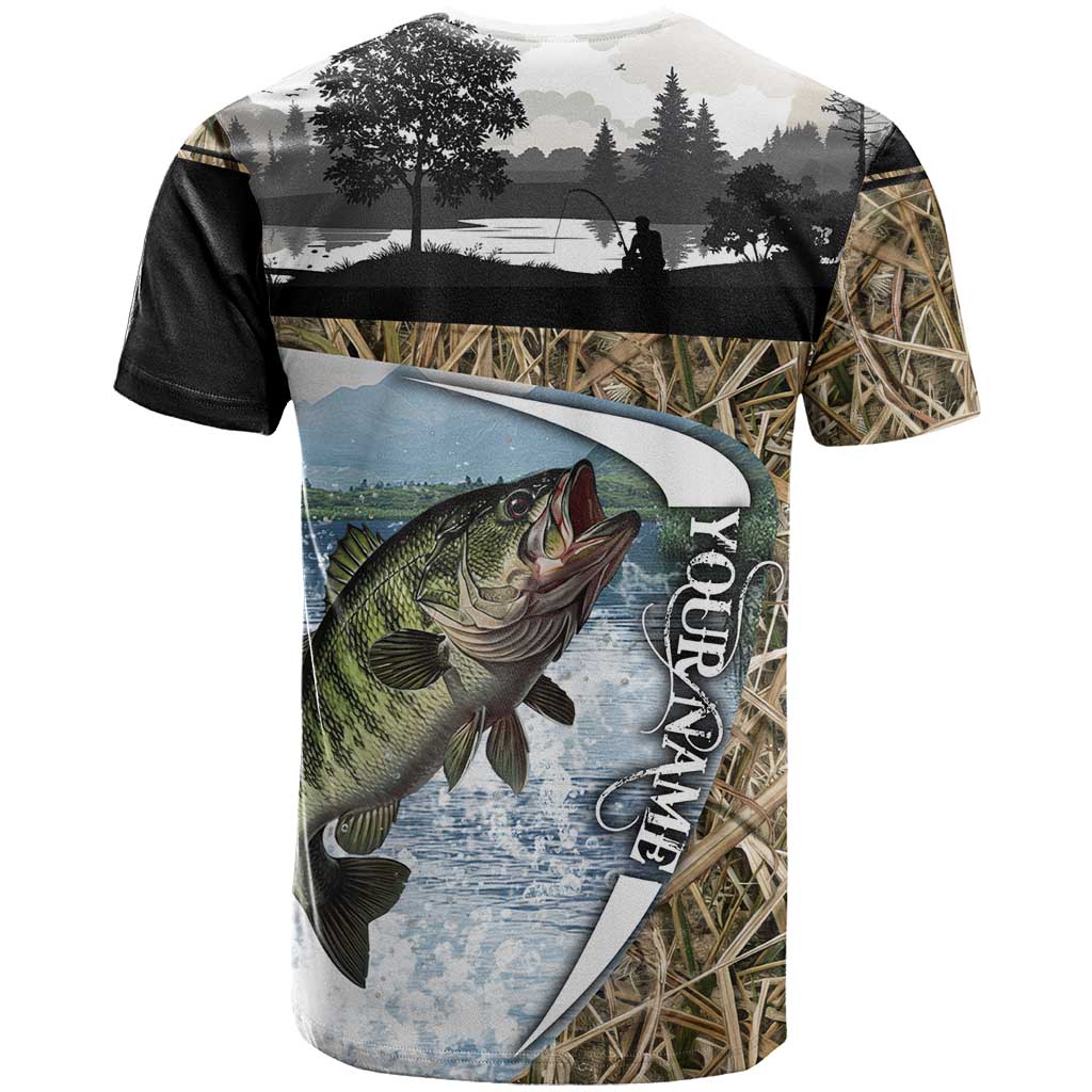 Personalized Largemouth Bass Fishing T Shirt with Camo Reeds - Outdoor Angler Design - Wonder Print Shop