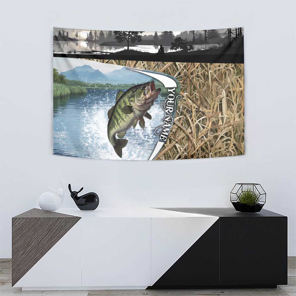 Personalized Largemouth Bass Fishing Tapestry with Camo Reeds - Outdoor Angler Design - Wonder Print Shop