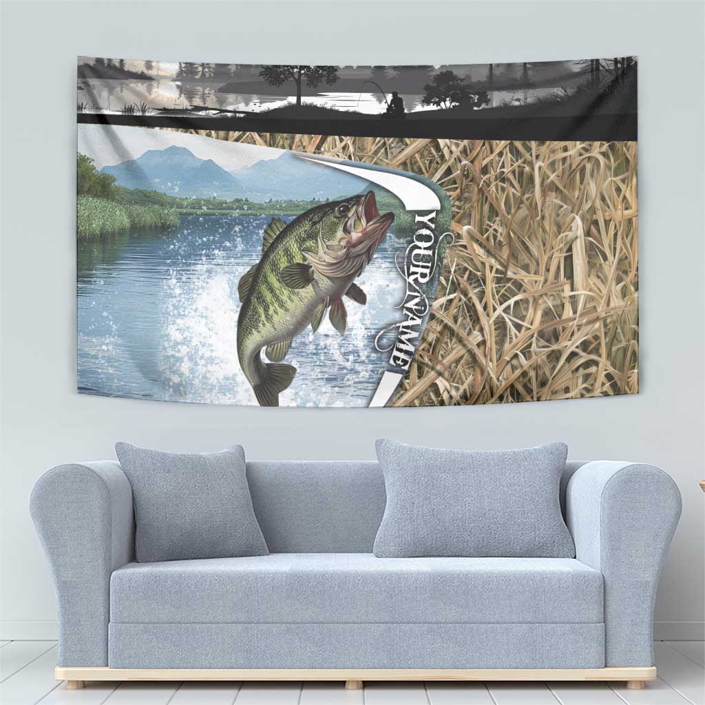 Personalized Largemouth Bass Fishing Tapestry with Camo Reeds - Outdoor Angler Design - Wonder Print Shop