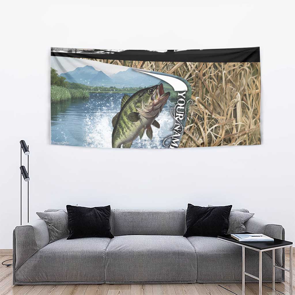 Personalized Largemouth Bass Fishing Tapestry with Camo Reeds - Outdoor Angler Design - Wonder Print Shop