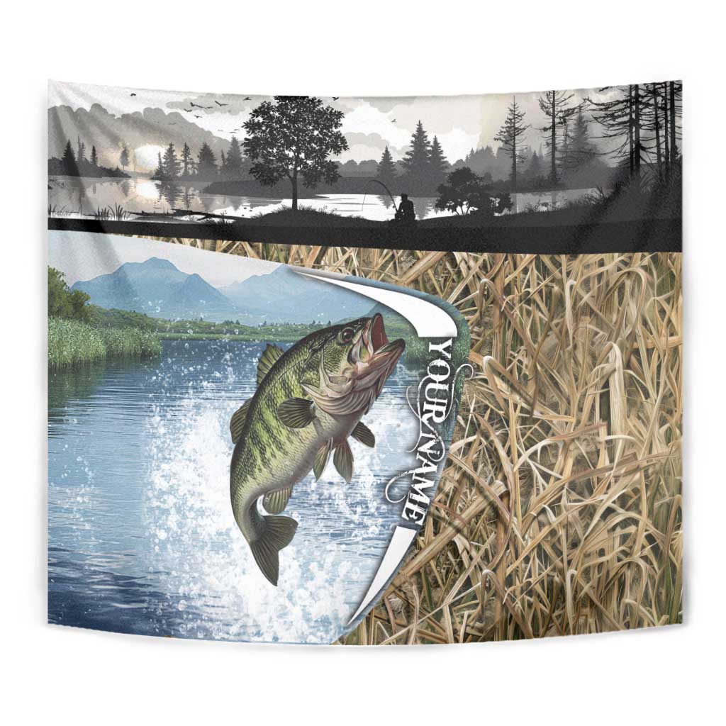 Personalized Largemouth Bass Fishing Tapestry with Camo Reeds - Outdoor Angler Design - Wonder Print Shop