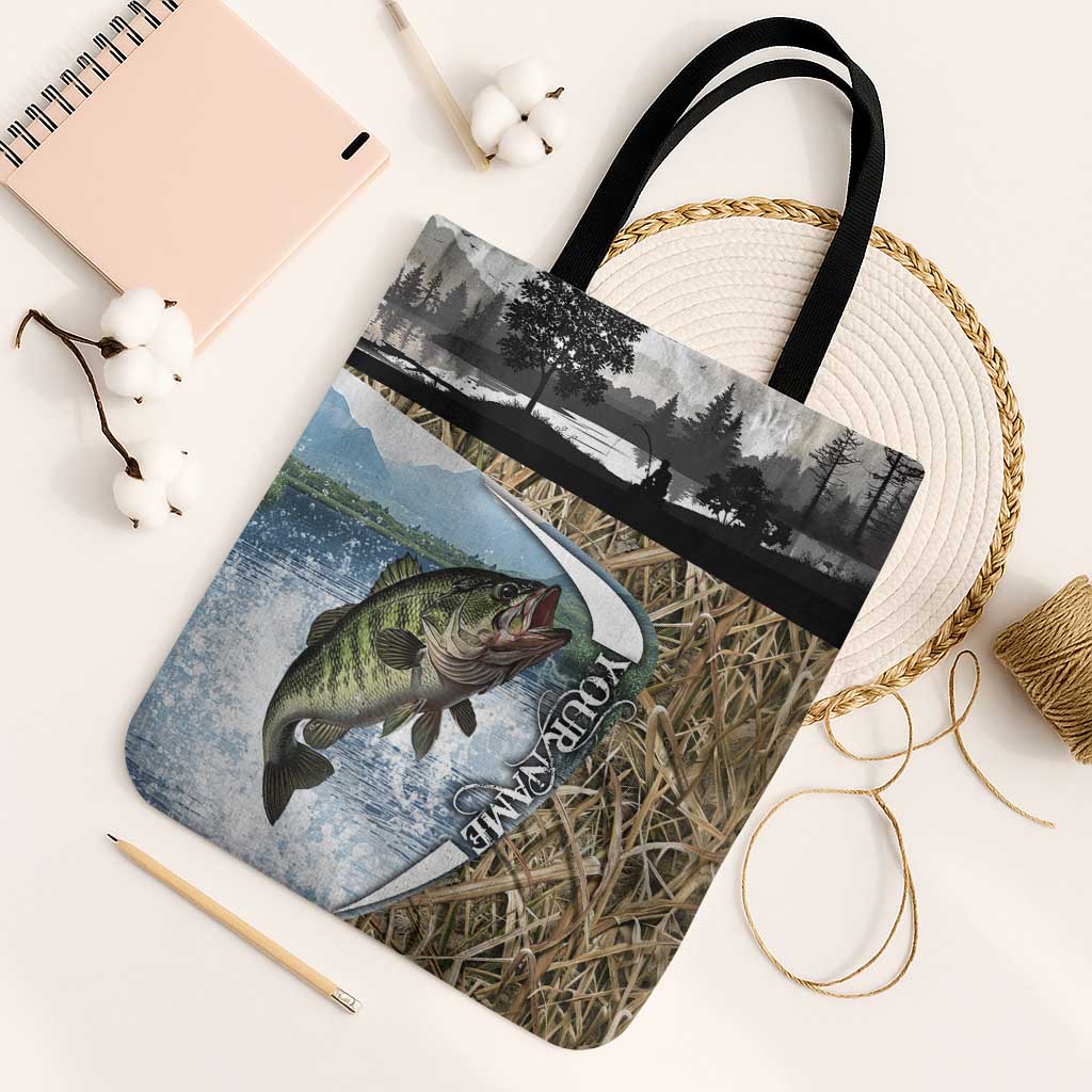 Personalized Largemouth Bass Fishing Tote Bag with Camo Reeds - Outdoor Angler Design - Wonder Print Shop