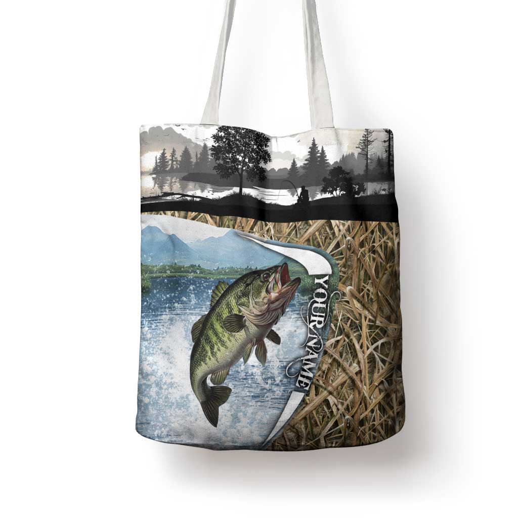 Personalized Largemouth Bass Fishing Tote Bag with Camo Reeds - Outdoor Angler Design - Wonder Print Shop