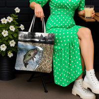Personalized Largemouth Bass Fishing Tote Bag with Camo Reeds - Outdoor Angler Design - Wonder Print Shop