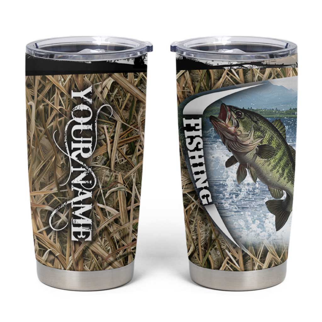 Personalized Largemouth Bass Fishing Tumbler Cup with Camo Reeds - Outdoor Angler Design - Wonder Print Shop
