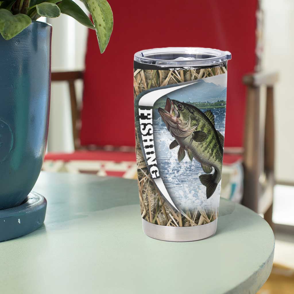 Personalized Largemouth Bass Fishing Tumbler Cup with Camo Reeds - Outdoor Angler Design - Wonder Print Shop