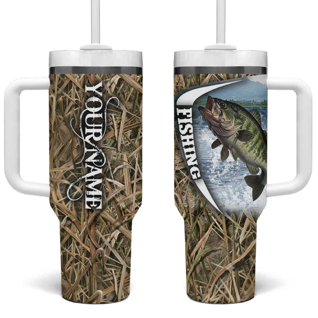 Personalized Largemouth Bass Fishing Tumbler With Handle with Camo Reeds - Outdoor Angler Design - Wonder Print Shop