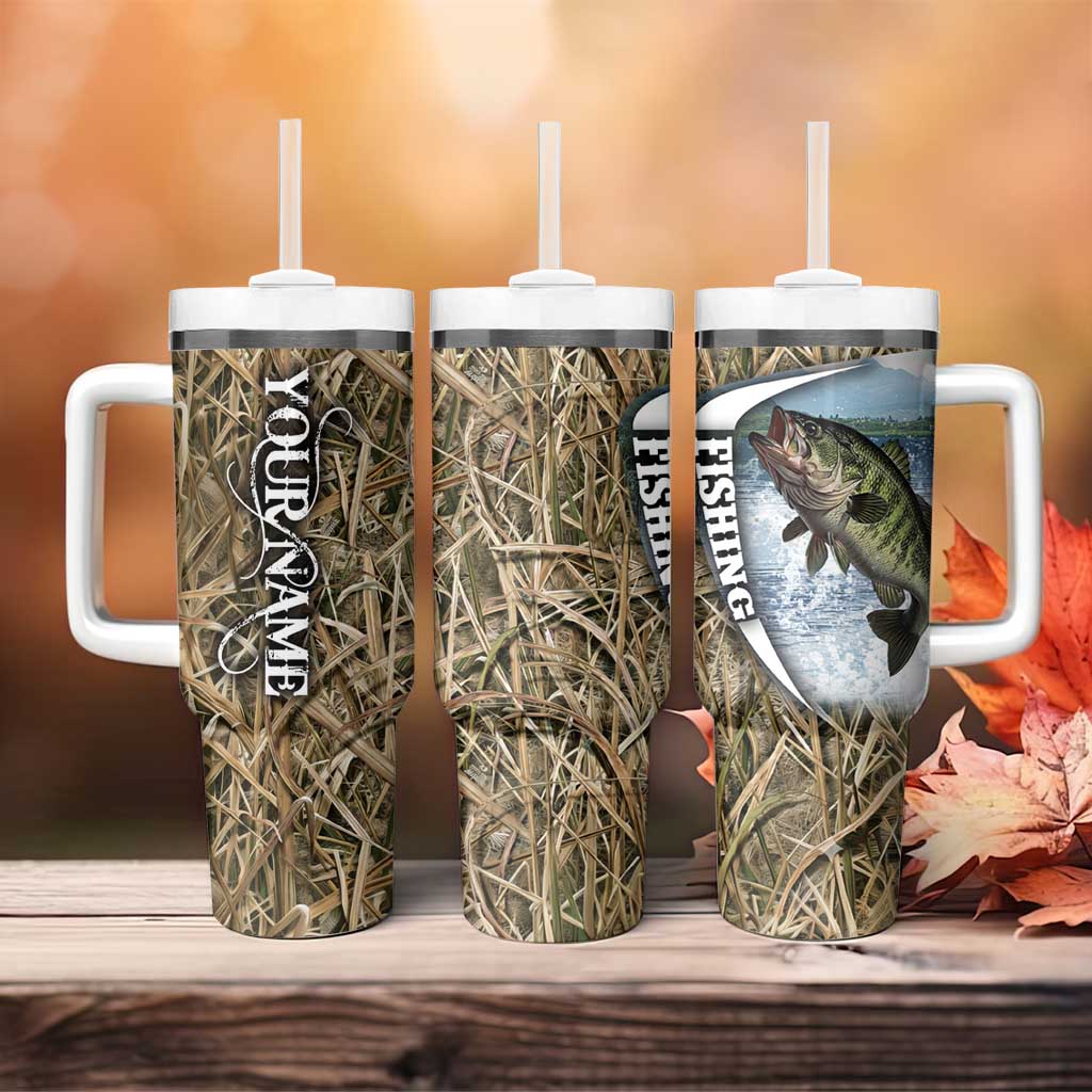 Personalized Largemouth Bass Fishing Tumbler With Handle with Camo Reeds - Outdoor Angler Design - Wonder Print Shop