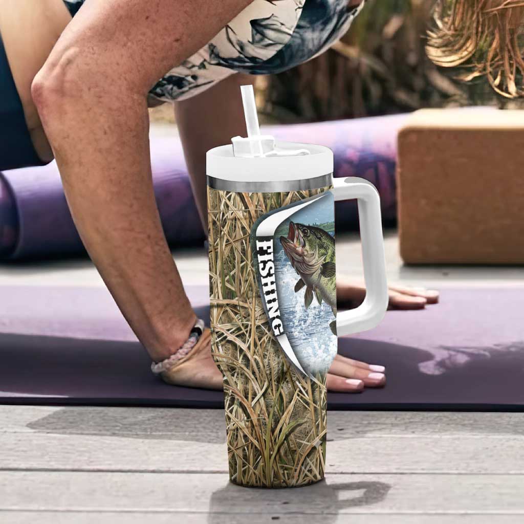 Personalized Largemouth Bass Fishing Tumbler With Handle with Camo Reeds - Outdoor Angler Design - Wonder Print Shop