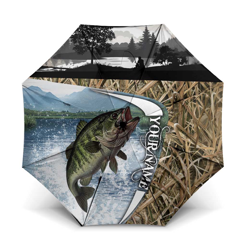 Personalized Largemouth Bass Fishing Umbrella with Camo Reeds - Outdoor Angler Design - Wonder Print Shop