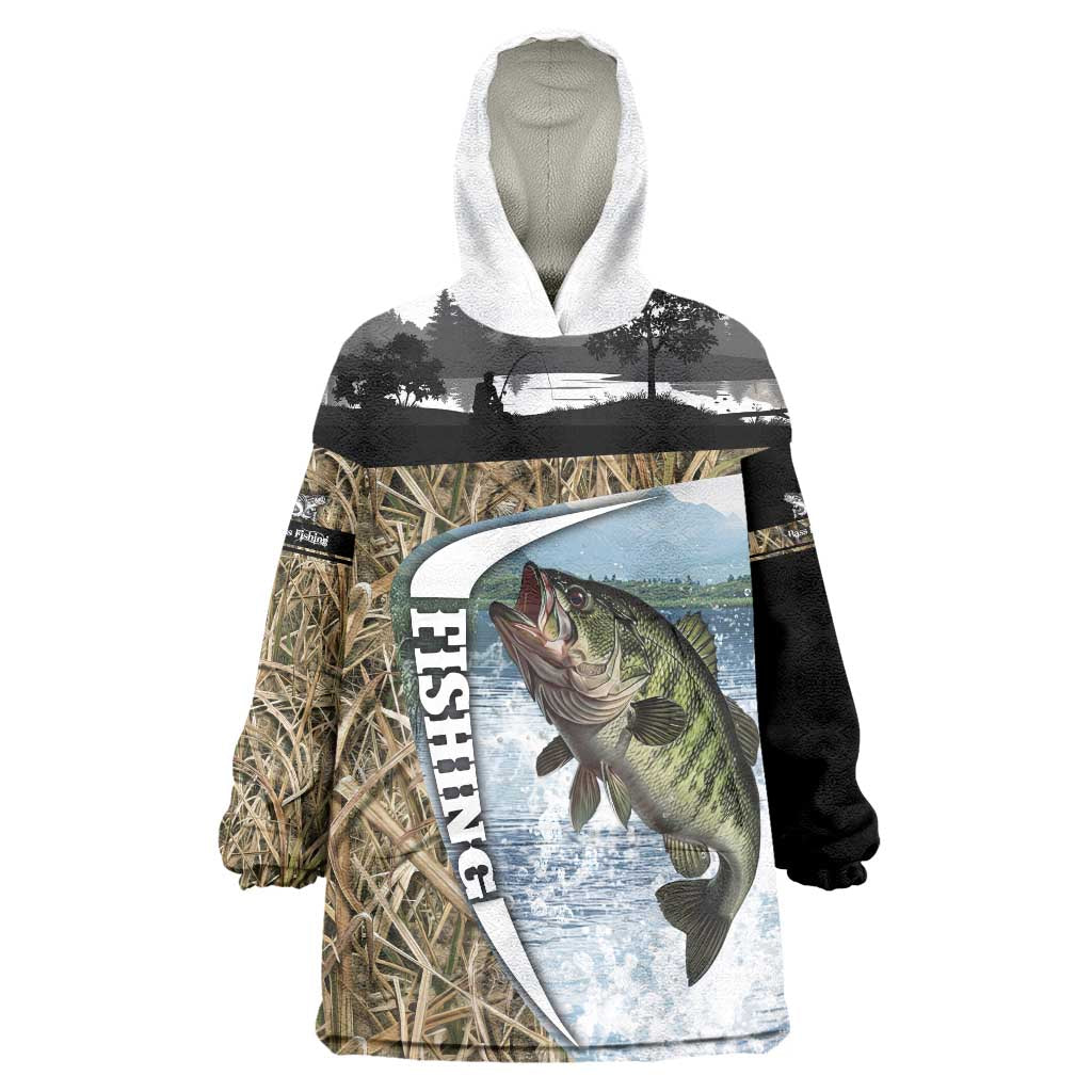Personalized Largemouth Bass Fishing Wearable Blanket Hoodie with Camo Reeds - Outdoor Angler Design - Wonder Print Shop