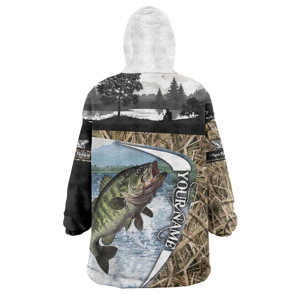 Personalized Largemouth Bass Fishing Wearable Blanket Hoodie with Camo Reeds - Outdoor Angler Design - Wonder Print Shop