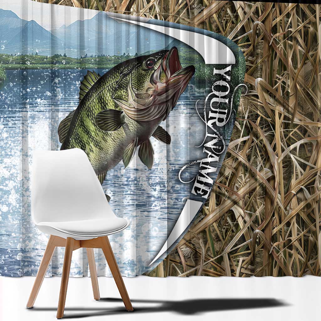 Personalized Largemouth Bass Fishing Window Curtain with Camo Reeds - Outdoor Angler Design - Wonder Print Shop