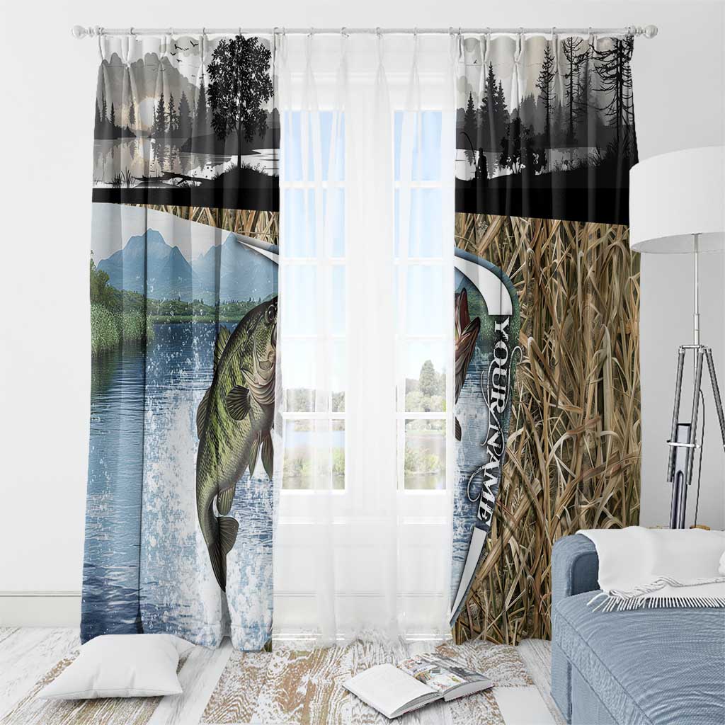 Personalized Largemouth Bass Fishing Window Curtain with Camo Reeds - Outdoor Angler Design - Wonder Print Shop