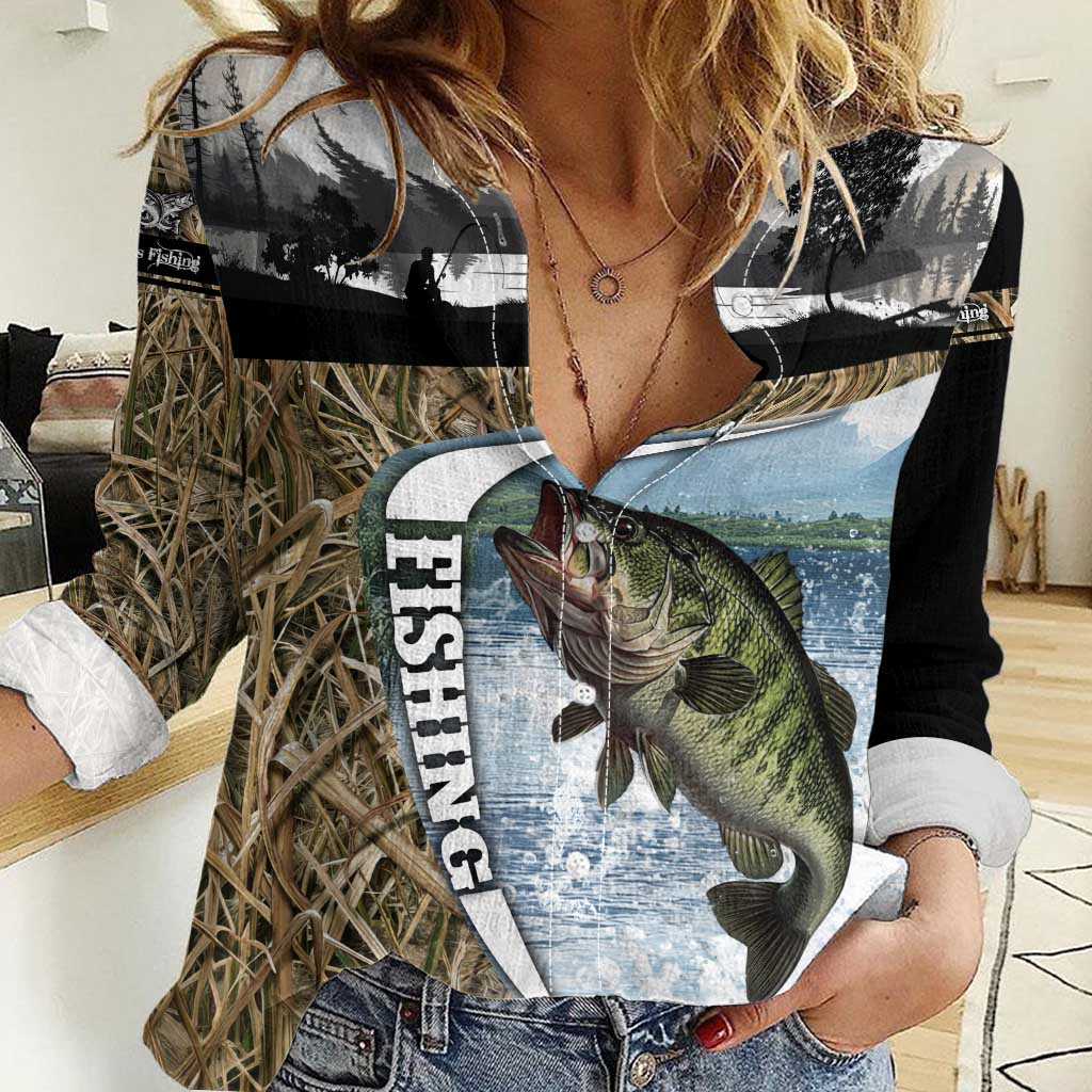 Personalized Largemouth Bass Fishing Women Casual Shirt with Camo Reeds - Outdoor Angler Design - Wonder Print Shop