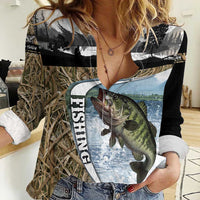Personalized Largemouth Bass Fishing Women Casual Shirt with Camo Reeds - Outdoor Angler Design - Wonder Print Shop