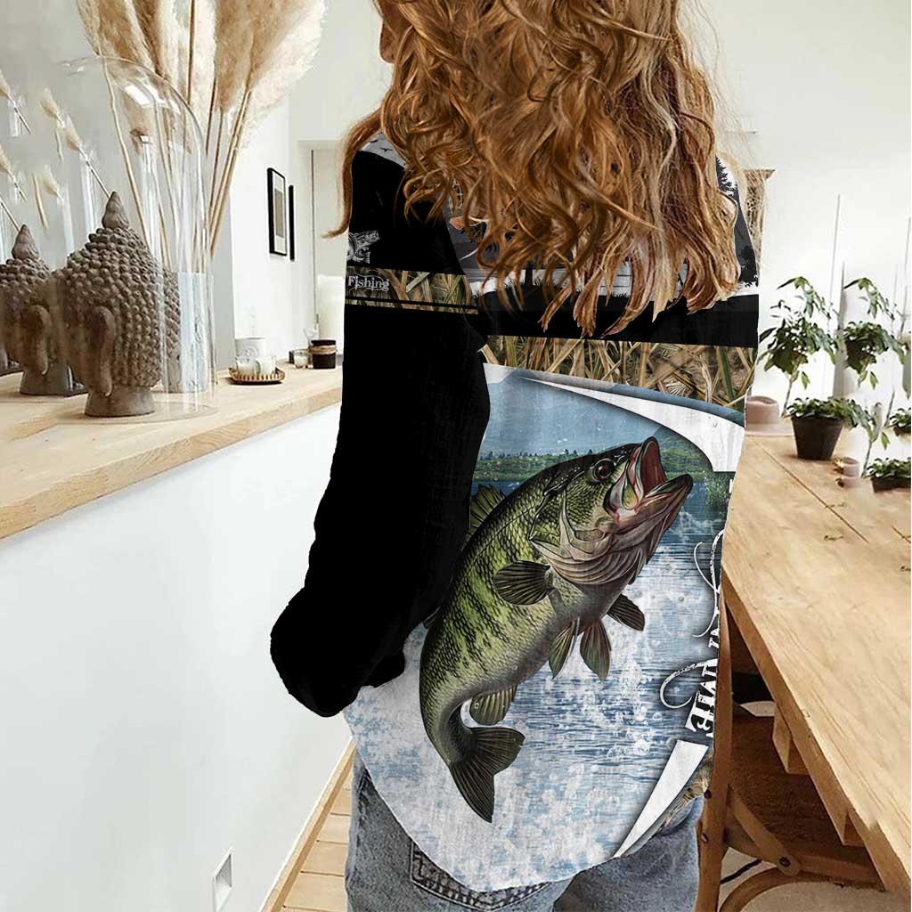 Personalized Largemouth Bass Fishing Women Casual Shirt with Camo Reeds - Outdoor Angler Design - Wonder Print Shop