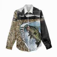 Personalized Largemouth Bass Fishing Women Casual Shirt with Camo Reeds - Outdoor Angler Design - Wonder Print Shop