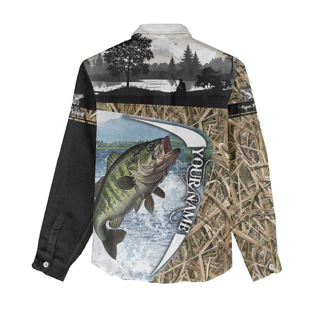 Personalized Largemouth Bass Fishing Women Casual Shirt with Camo Reeds - Outdoor Angler Design - Wonder Print Shop