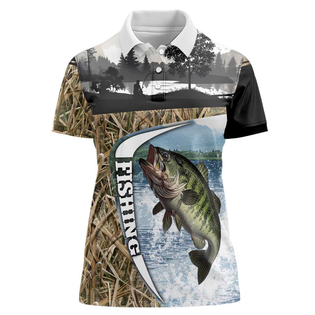 Personalized Largemouth Bass Fishing Women Polo Shirt with Camo Reeds - Outdoor Angler Design - Wonder Print Shop