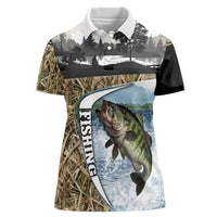 Personalized Largemouth Bass Fishing Women Polo Shirt with Camo Reeds - Outdoor Angler Design - Wonder Print Shop