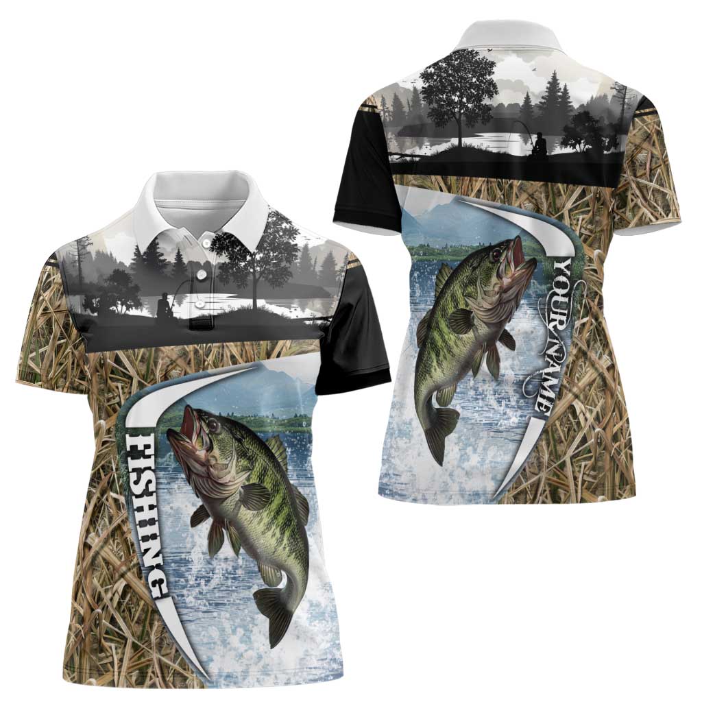 Personalized Largemouth Bass Fishing Women Polo Shirt with Camo Reeds - Outdoor Angler Design - Wonder Print Shop