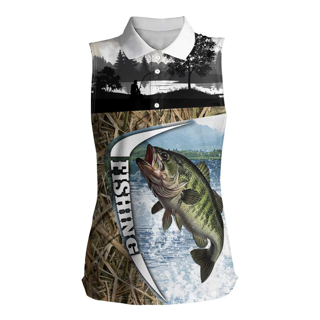 Personalized Largemouth Bass Fishing Women Sleeveless Polo Shirt with Camo Reeds - Outdoor Angler Design - Wonder Print Shop