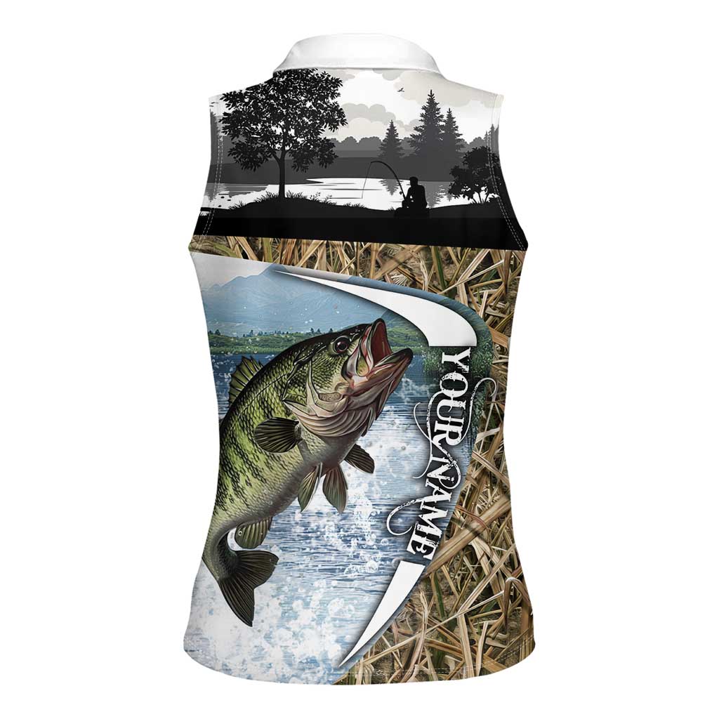 Personalized Largemouth Bass Fishing Women Sleeveless Polo Shirt with Camo Reeds - Outdoor Angler Design - Wonder Print Shop