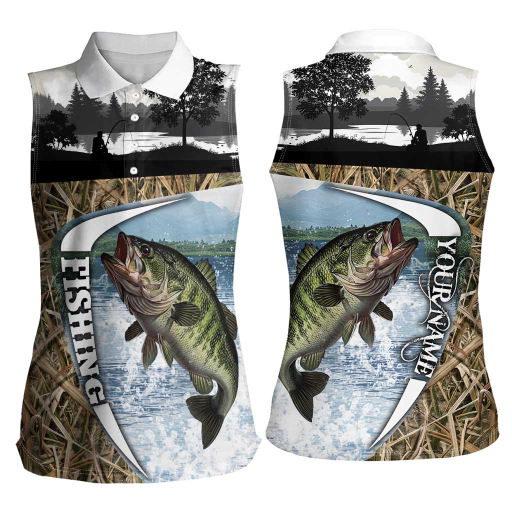Personalized Largemouth Bass Fishing Women Sleeveless Polo Shirt with Camo Reeds - Outdoor Angler Design - Wonder Print Shop