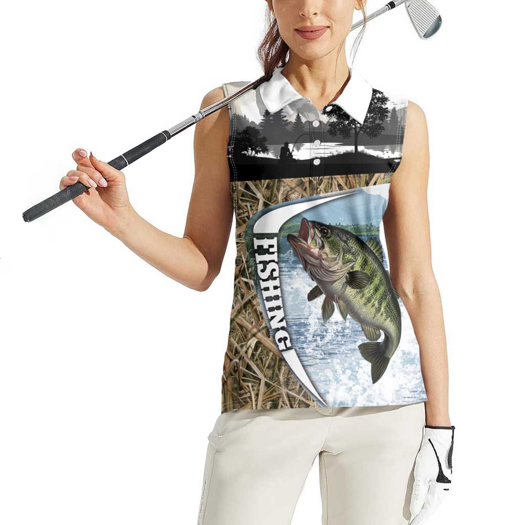 Personalized Largemouth Bass Fishing Women Sleeveless Polo Shirt with Camo Reeds - Outdoor Angler Design - Wonder Print Shop