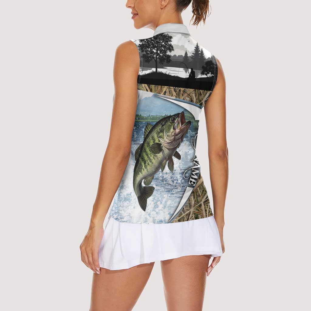 Personalized Largemouth Bass Fishing Women Sleeveless Polo Shirt with Camo Reeds - Outdoor Angler Design - Wonder Print Shop